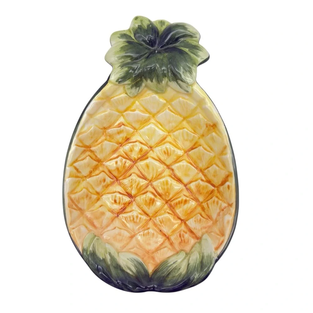 Italian Majolica Art Pottery Pineapple Bowl Dish Hand Painted Vintage MCM Italy